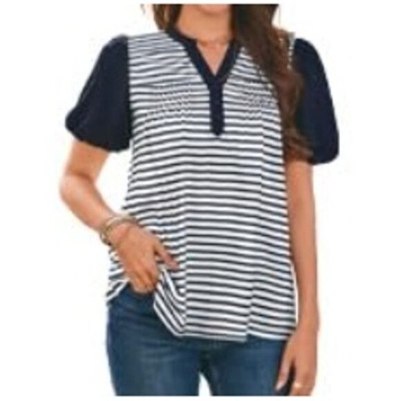 Women's V-Neck Summer Blouse: Lantern Sleeve, Dressy Casual, Loose Fit Large - Picture 1 of 3